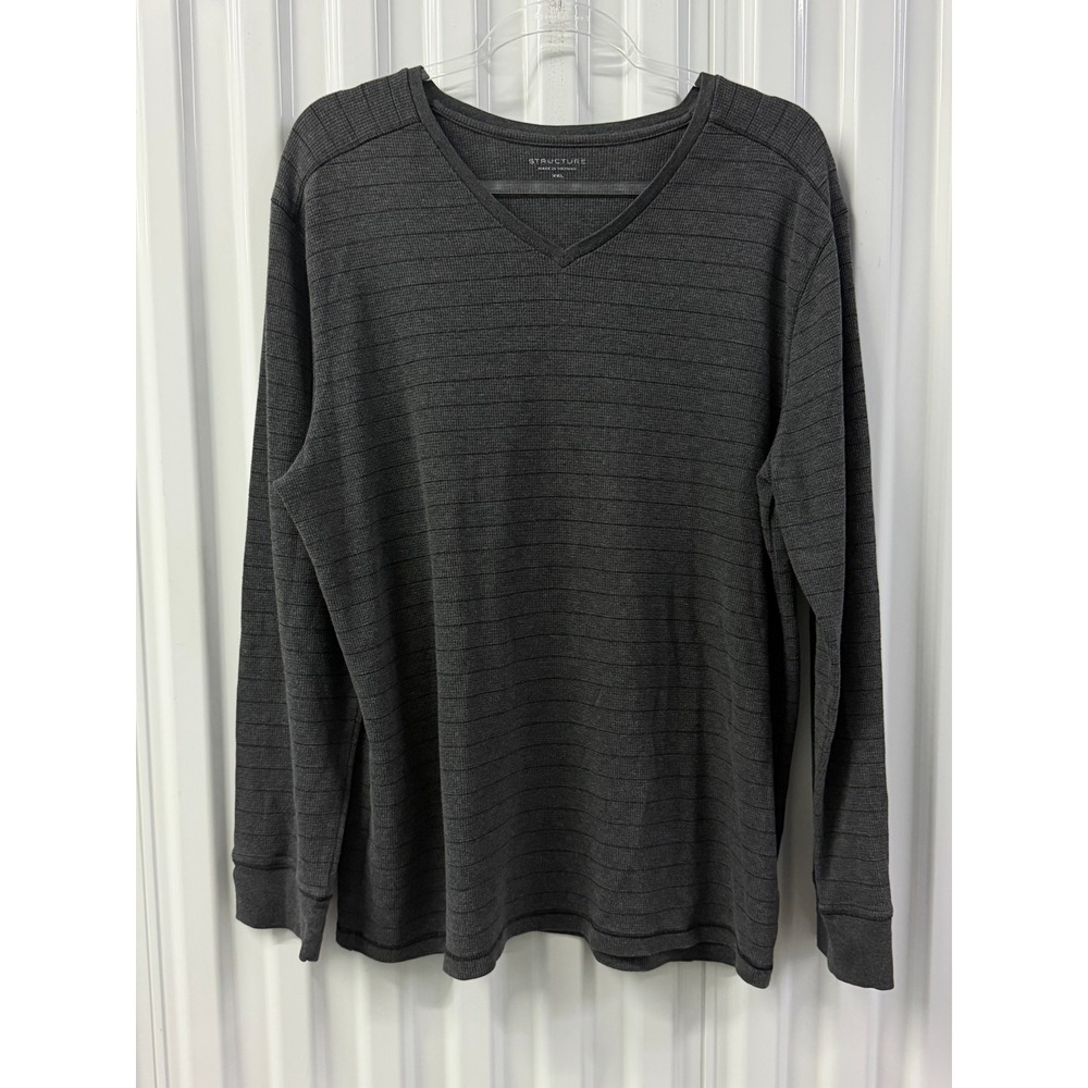 Structure Thermal Shirt Mens XXL Grey Excellent Vintage Y2K V-Neck Striped 1115